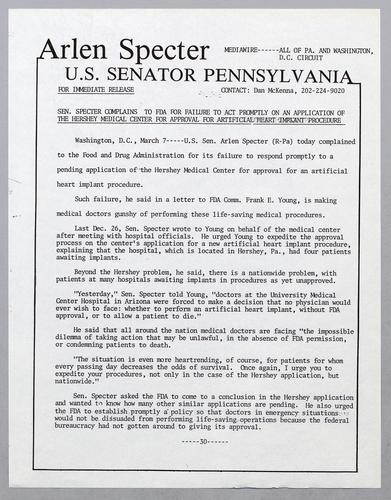Senator Specter complains to FDA for failure to act promptly on an application of the Hershey Medical Center for approval for artificial heart implant procedure