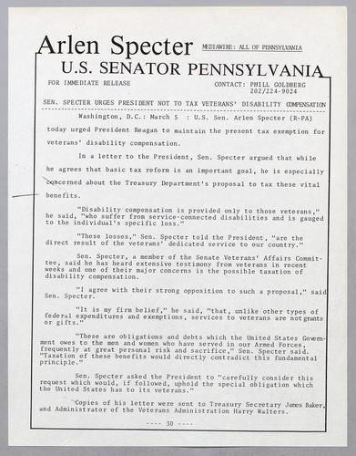 Senator Specter urges President not to tax veterans' disability compensation