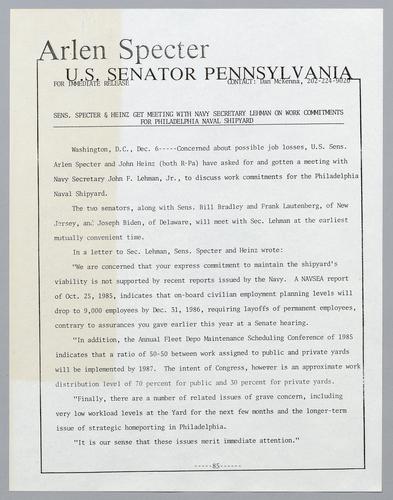 Senators Specter and Heinz get meeting with Navy Secretary Lehman on work commitments for Philadelphia Naval Shipyard