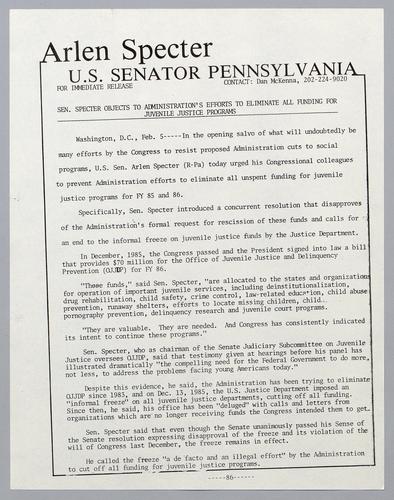 Senator Specter objects to administration's effort s to eliminate funding for juvenile justice programs