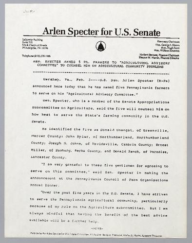 Senator Specter names 5 PA farmers to "Agricultural Advisory Committee" to counsel him on agricultural community problems