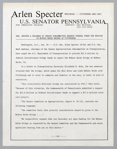 Senator Specter and chairman of Senate subcommittee request federal funds for repairs to McKees Rocks bridge at Pittsburgh