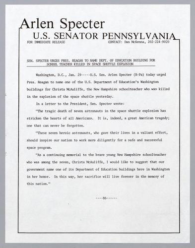 Senator Specter urges President Reagan to name Department of Education building for school teacher killed in space shuttle explosion