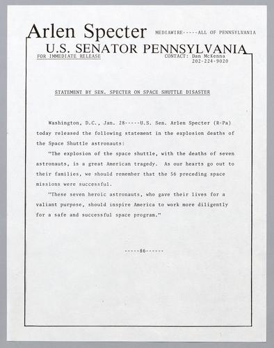 Statement by Senator Specter on space shuttle disaster
