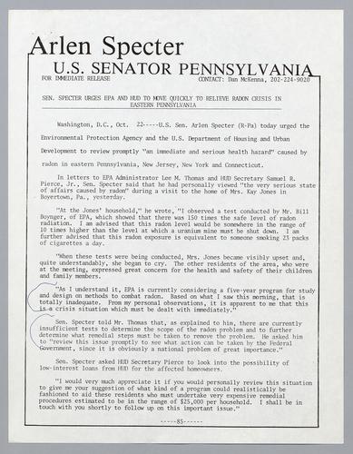 Senator Specter urges EPA and HUD to move quickly to relieve radon crisis in eastern Pennsylvania