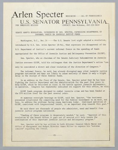 Senate adopts resolution, introduced by Senator Specter, expressing disapproval of informal freeze on juvenile justice funds