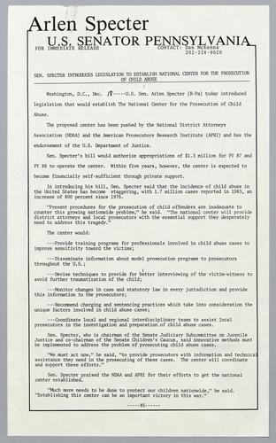 Senator Specter introduces legislation to establish National Center for the Prosecution of Child Abuse