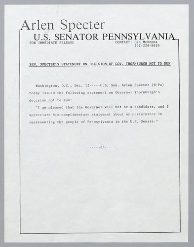 Senator Specter's statement on decision for Governor Thornburgh not to run