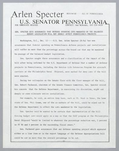 Senator Specter gets assurances that defense spending cuts mandated by the balanced budget legislation will not unduly affect Pennsylvania projects