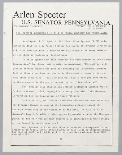 Senator Specter announces $1.1 billion postal contract for Pennsylvania
