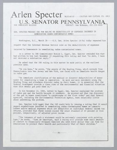 Senator Specter presses IRS for ruling on deductibility of expenses incurred in remediating radon-contaminated homes