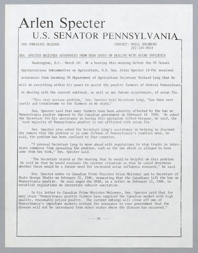 Senator Specter receives assurances from USDA chief on dealing with avian influenza