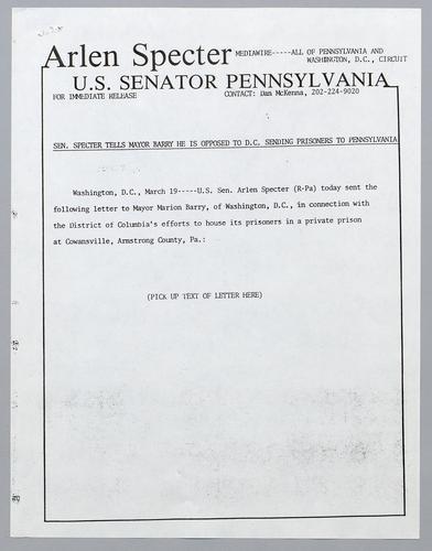 Senator Specter tells Mayor Barry he is opposed to D.C. sending prisoners to Pennsylvania