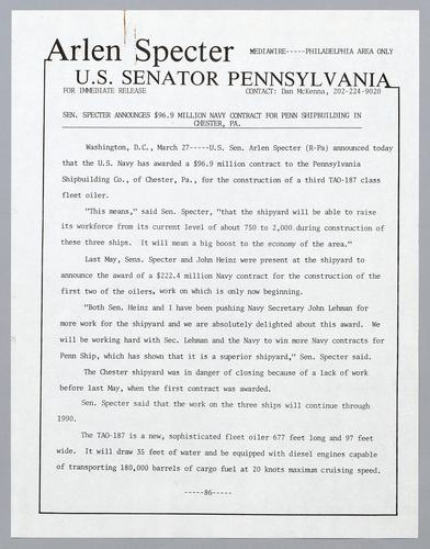 Senator Specter announces $96.9 million Navy contract for Penn Shipbuilding in Chester, PA