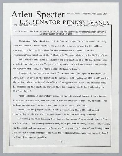 Senator Specter announces VA contract for construction at Philadelphia Veterans Administration Medical Center