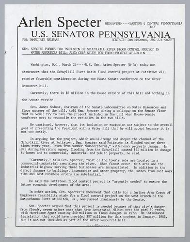 Senator Specter pushed for inclusion of Schuylkill River flood control project in water resources bill; also gets study for flood project at Milton