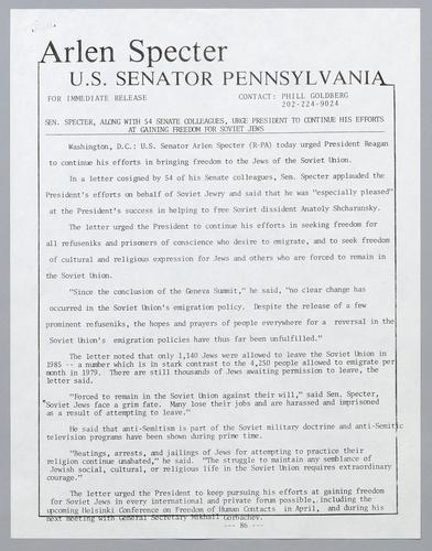 Senator Specter, along with 54 Senate colleagues, urge President Reagan to continue his efforts at gaining freedom for Soviet Jews