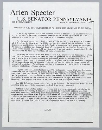 Statement by U.S. Senator Arlen Specter (R-PA) on his vote against aid to the contras