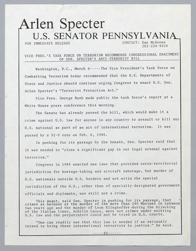 Vice President's task force on terrorism recommends congressional enactment of Senator Specter's anti-terrorist bill