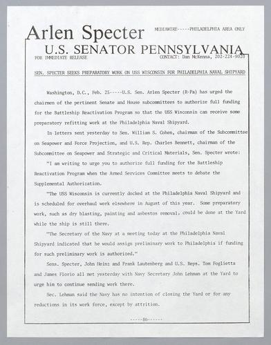 Senator Specter seeks preparatory work on U.S.S. Wisconsin for Philadelphia Naval Shipyard