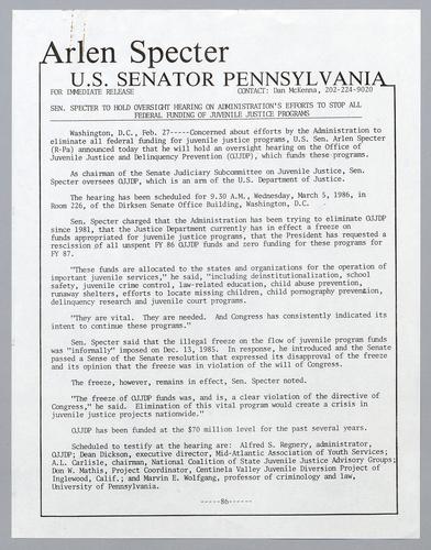 Senator Specter to hold oversight hearing on administration's efforts to stop all federal funding of juvenile justice programs