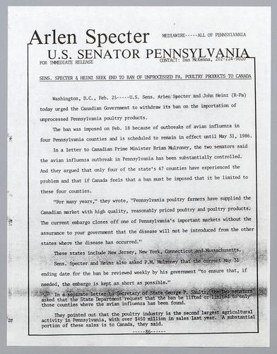 Senators Specter and Heinz seek end to ban of unprocessed PA poultry products to Canada