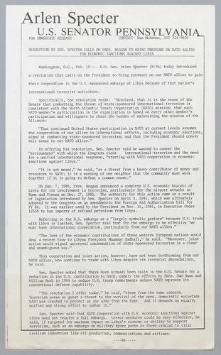 Resolution by Senator Specter calls on President Reagan to bring pressure on NATO allies for economic sanctions against Libya