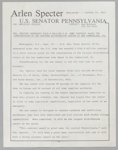 Senator Specter announces $168 million U.S. Army contract award for construction of the eastern distribution center at New Cumberland, PA
