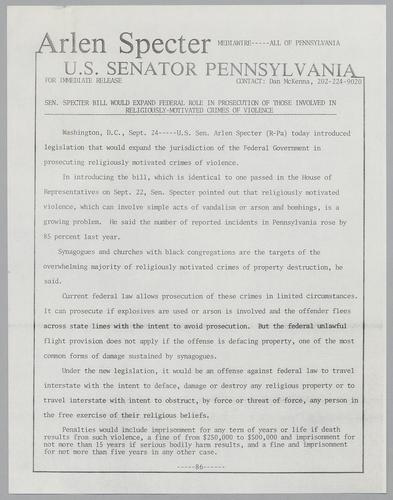 Senator Specter bill would expand federal role in prosecution of those involved in religiously-motivated crimes of violence
