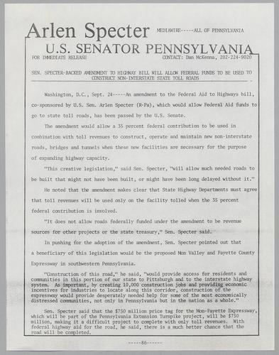 Senator Specter-backed amendment to highway bill will allow federal funds to be used to construct non-interstate state toll roads