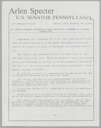 Senator Specter introduces legislation in Senate designating "Steamtown" as a national historic site