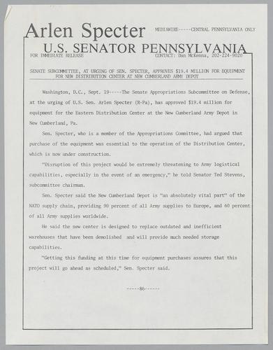 Senate subcommittee, at urging of Senator Specter, approves $19.4 million for equipment for new distribution center at New Cumberland Army Depot