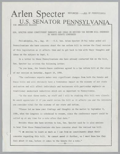 Senator Specter seeks constituent thoughts and ideas on revised tax reform bill endorsed by House-Senate conferees