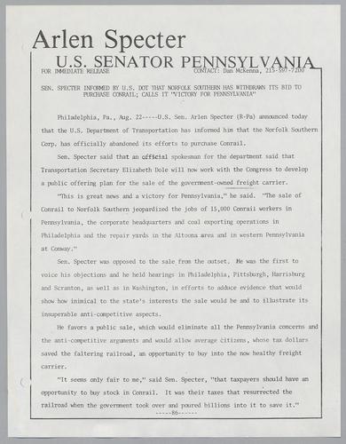 Senator Specter informed by U.S. DOT that Norfolk Southern has withdrawn its bid to purchase Conrail; calls it "victory for Pennsylvania,"