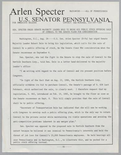 Senator Specter urges Senate majority leader Dole to bring his public stock offering sale of Conrail to the Senate floor for consideration