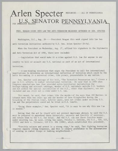 President Reagan signs into law two anti-terrorism measures authored by Senator Specter