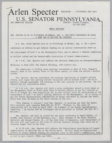 Senator Specter to be in Pittsburgh on Monday, August 4, for press conference on locks and dams and to deliver two speeches