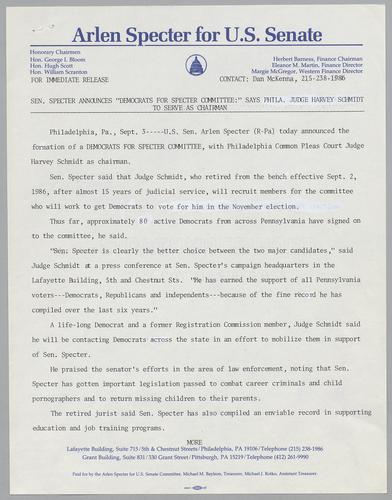Senator Specter announces "Democrats for Specter Committee:" says Philadelphia Judge Harvey Schmidt to serve as chairman