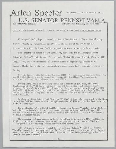 Senator Specter announces federal funding for major defense projects in Pennsylvania