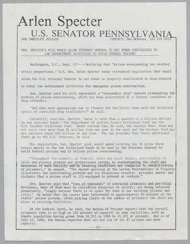 Senator Specter's bill would allow Attorney General to use funds confiscated in law enforcement activities to build federal prisons