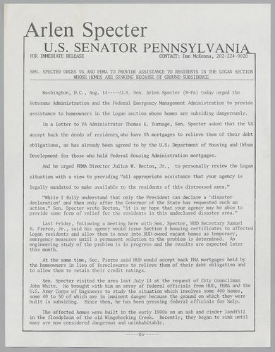 Senator Specter urges VA and FEMA to provide assistance to residents in the Logan section whose homes are sinking because of ground subsidence