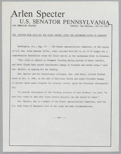 Senator Specter wins $150,000 for flood control study for Lackawanna River in Scranton