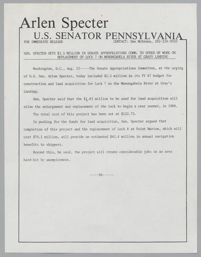 Senator Specter gets $2.5 million in Senate Appropriations Committee to speed up work on replacement of Lock 7 on Monongahela River at Grays Landing
