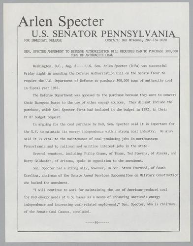 Senator Specter amendment to defense authorization bill requires DOD to purchase 300,000 tons of anthracite coal