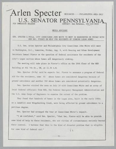 Senator Specter and Philadelphia city councilman John White to meet in Washington on Friday with HUD Secretary Pierce on help for residents of sinking Logan homes
