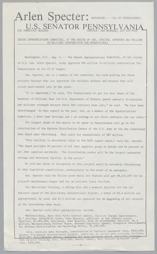 Senate Appropriations Committee, at the urging of Senator Specter, approves $66 million in military construction for Pennsylvania