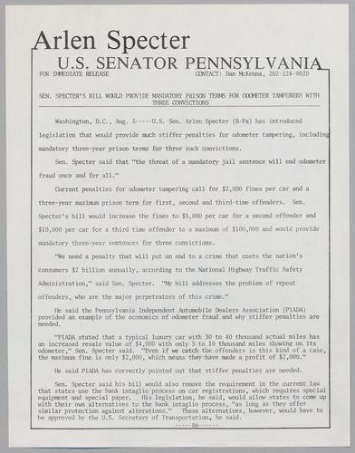 Senator Specter's bill would provide mandatory prison terms for odometer tamperers with three convictions