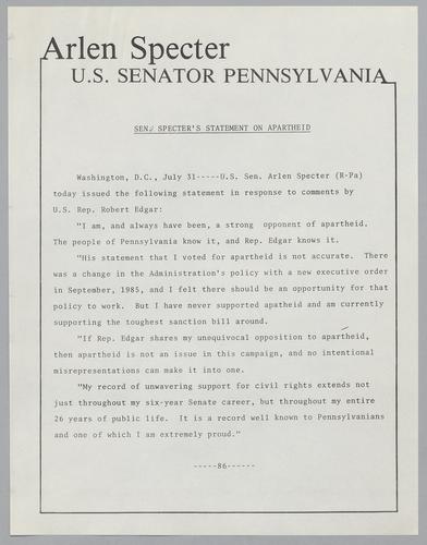 Senator Specter's statement on apartheid