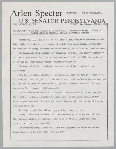An amendment to the debt ceiling extension bill, co-sponsored by Senator Specter, will restore COLAs to federal, military, and railroad retirees