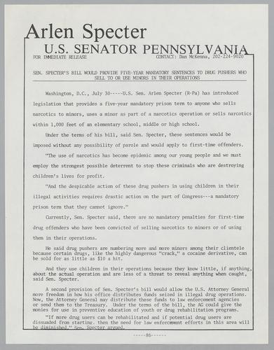 Senator Specter's bill would provide five-year mandatory sentences to drug pushers who sell to or use minors in their operations